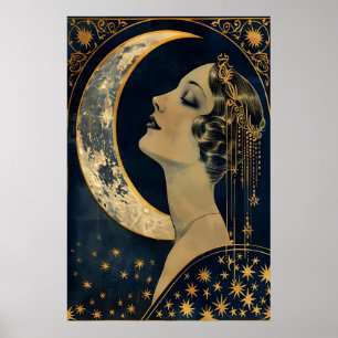 Maan Dame Art Deco Print Hemels Vintage Muur