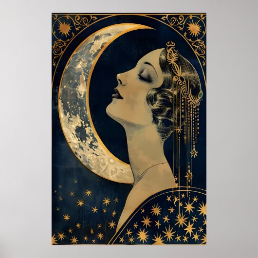 Maan Dame Art Deco Print Hemels Vintage Muur (Voorkant)