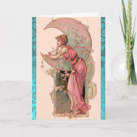 MAAN DAME, BLOEMEN EN ROZEN, ROZE BLAUWE DAMAST KAART (Voorkant)