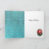 MAAN DAME, BLOEMEN EN ROZEN, ROZE BLAUWE DAMAST KAART (Binnen)