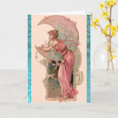 MAAN DAME, BLOEMEN EN ROZEN, ROZE BLAUWE DAMAST KAART (Gele Bloem)