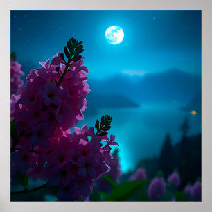 Maan- en Bloemennacht Landschap Maanlicht Bloemstu Poster