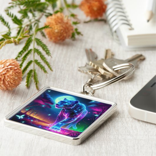 Maan en Panther Holografisch Neon Kleurrijk | Sleutelhanger (Zijkant)