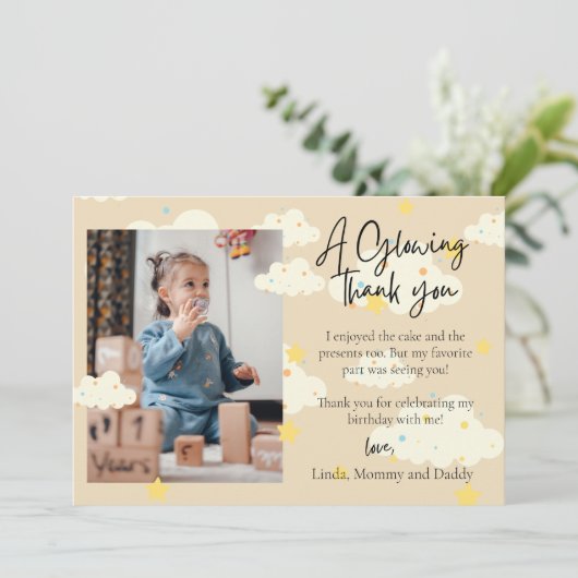 Maan en Sterren 1e Verjaardag Foto Dank u Kaart (Staand voorkant)