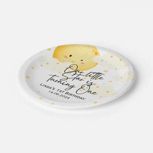 Maan en sterren 1e verjaardag papieren bordje (Gekanteld)