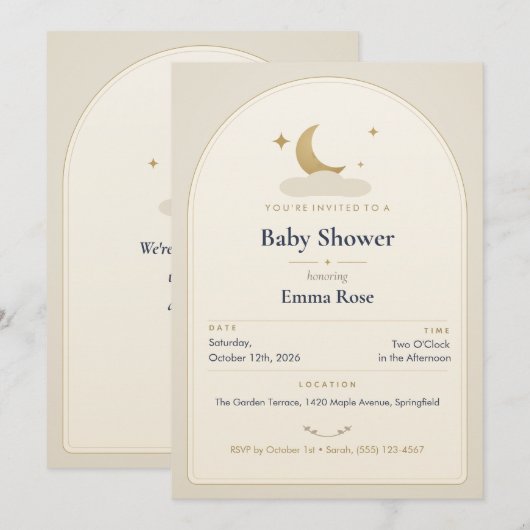 Maan en sterren babyshower uitnodiging, Crème verh (Voorkant / Achterkant)