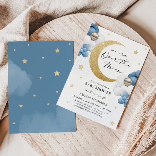 Maan en sterren blauw boven het Baby shower Kaart