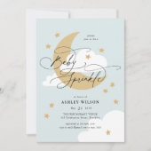 Maan en sterren Blauwe Elegante Script Babyfeestje Kaart (Voorkant)