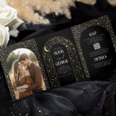 Maan en Sterren Boog Hemelse Zwarte Huwelijksfoto Drieluik Uitnodiging