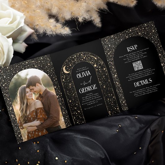 Maan en Sterren Boog Hemelse Zwarte Huwelijksfoto Drieluik Uitnodiging