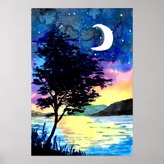 Maan en sterren boven het meer poster (Voorkant)