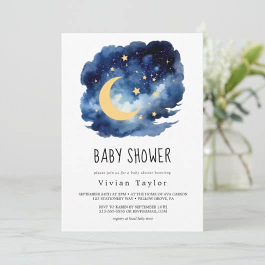 Maan en sterren | Boy Baby shower Invitation Kaart (Staand voorkant)