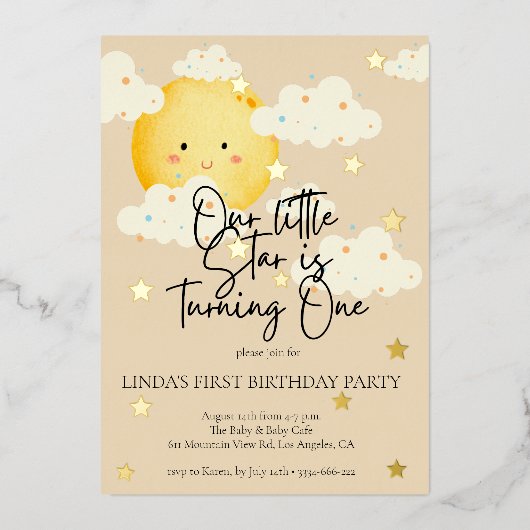 Maan en Sterren Crème 1e Verjaardag Folie Uitnodiging (Voorkant)