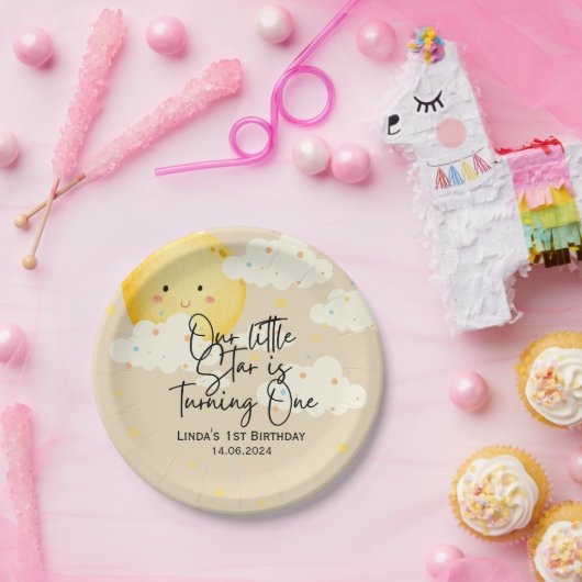 Maan en Sterren Crème 1e Verjaardag Papieren Bordje (Feest)