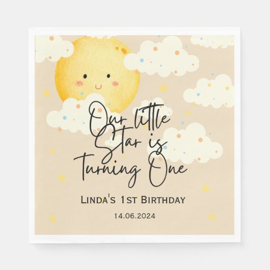 Maan en Sterren Crème 1e Verjaardag Servet (Voorkant)
