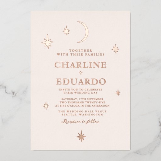 Maan en sterren hemelse sterrenbeeld gouden bruilo folie uitnodiging (Voorkant)