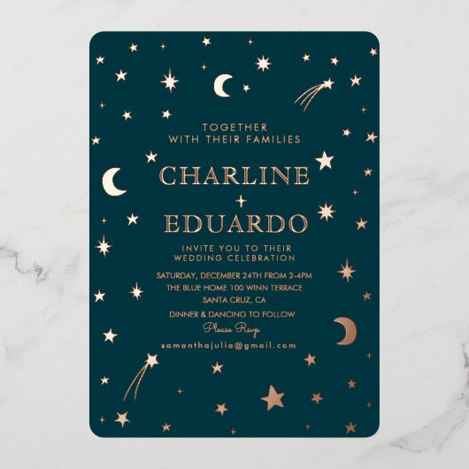 Maan en sterren hemelse sterrenbeeld gouden bruilo folie uitnodiging (Voorkant)
