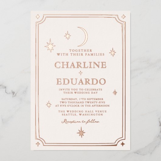 Maan en sterren hemelse sterrenbeeld gouden bruilo folie uitnodiging (Voorkant)