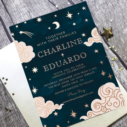 Maan en sterren hemelse sterrenbeeld gouden bruilo folie uitnodiging
