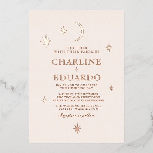 Maan en sterren hemelse sterrenbeeld gouden bruilo folie uitnodiging (Voorkant)