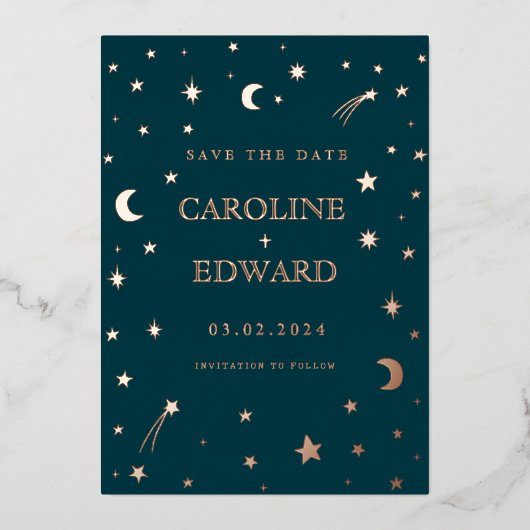 Maan en sterren hemelse sterrenbeeld gouden bruilo folie uitnodiging (Voorkant)