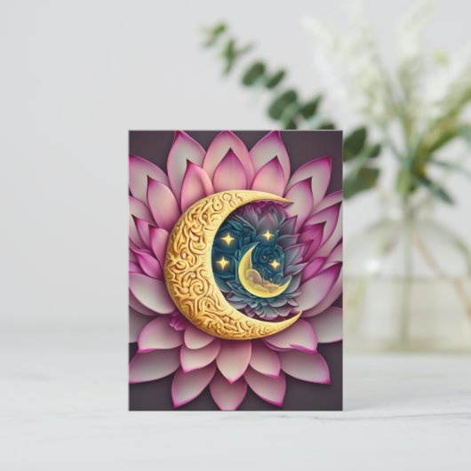 Maan en sterren Lotus Bloem Verlichting Creatie Briefkaart (Staand voorkant)