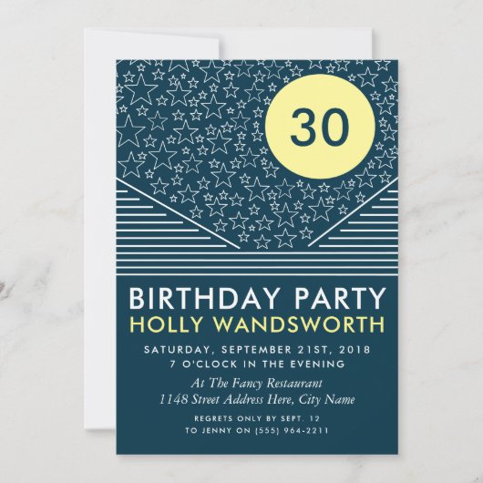 Maan en sterren, modern verjaardagsfeestje kaart (Voorkant)