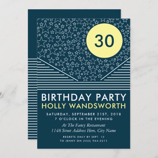 Maan en sterren, modern verjaardagsfeestje kaart (Voorkant / Achterkant)