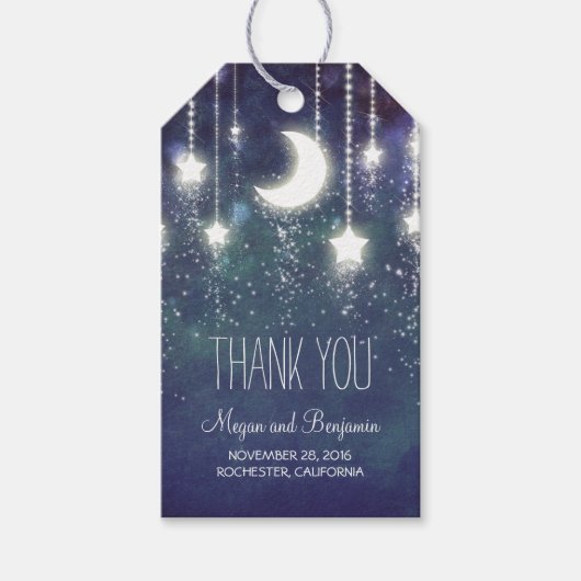 Maan en Sterren Navy Nachtbruiloft Cadeaulabel (Voorkant)