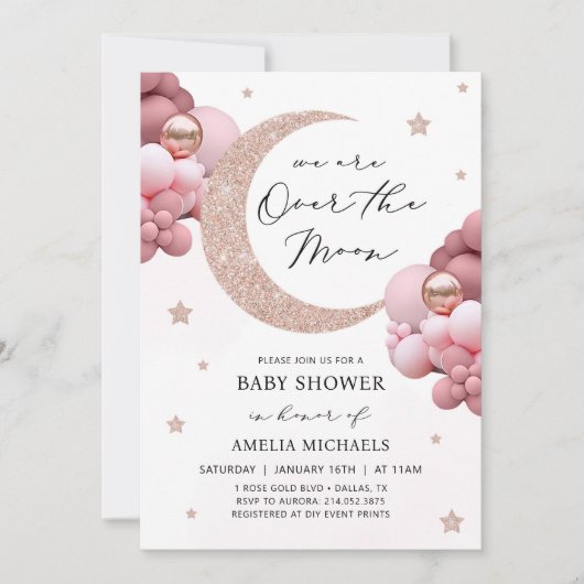 Maan en sterren roze boven het Baby shower Kaart (Voorkant)