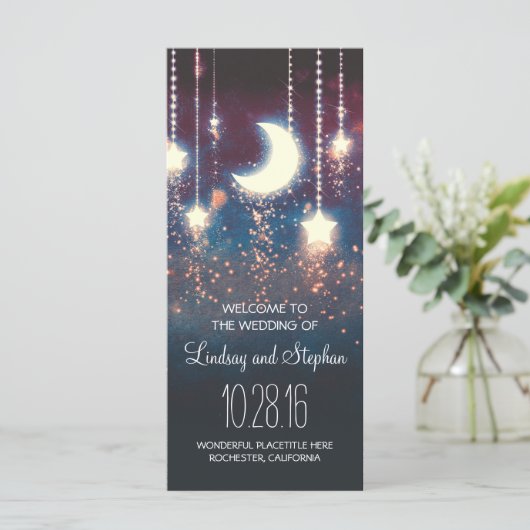 Maan en sterren rustieke bruiloft programma programmakaart (Staand voorkant)