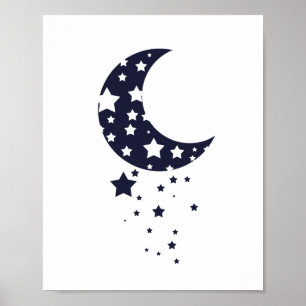 Maan en sterren silhouet in donkerblauw poster