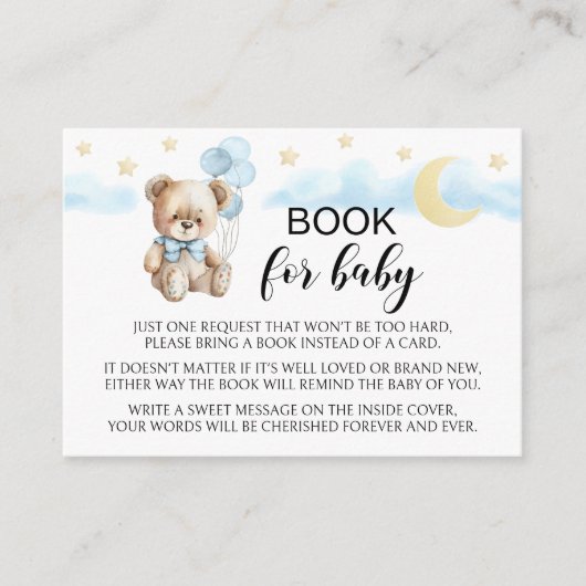 Maan en sterren teddybeer boek voor baby boy douch informatiekaartje (Voorkant)