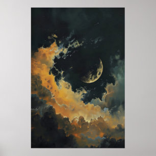 Maan- en sterrenmuurdecor, donkere halve maan poster