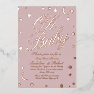 Maan- en stippenconfetti baby shower roze gepreßt  folie uitnodiging