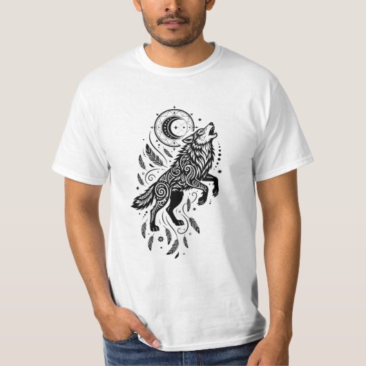 Maan Geest Wolf Maan en Veren T-shirt (Voorkant)