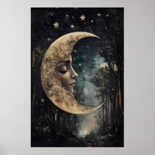 Maan Gezicht In Bos Print, Gotische Hekserige Post Poster