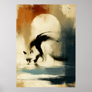 Maan Kitsune Japanse Sumi-E Abstracte Vos Muurkuns Poster