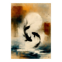 Maan Koi Japanse Sumi-E Abstracte Vissen Muurkunst