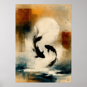 Maan Koi Japanse Sumi-E Abstracte Vissen Muurkunst Poster