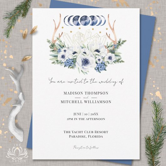 Maan Kristallen Bloemen Boho Metafysische Bruiloft Kaart