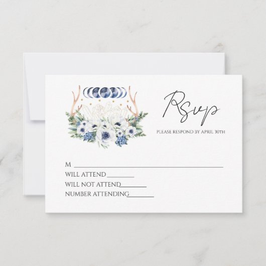 Maan Kristallen Bloemen Boho Metafysische Bruiloft RSVP Kaartje (Voorkant)