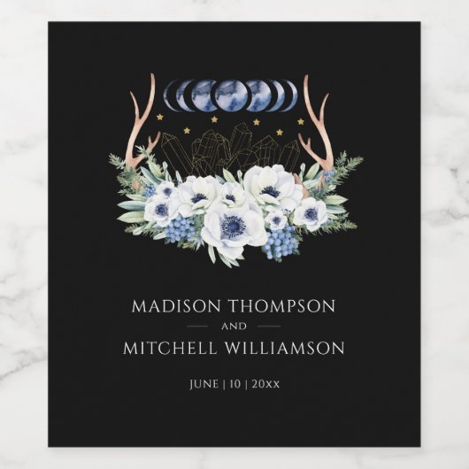 Maan Kristallen Bloemen Boho Metafysische Bruiloft Wijn Etiket (Enkel label)