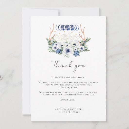 Maan Kristallen Wit Blauw Bloemen Boho Metafysisch Bedankkaart (Voorkant)