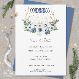 Maan Kristallen Wit Blauw Bloemen Boho Metafysisch Save The Date