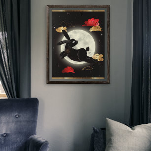 Maan Maanjaar van het Konijn Zwart Rood Goud Poster