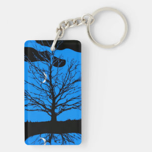 Maan met Boom, Diep Blauw, Zwart en Wit Sleutelhanger