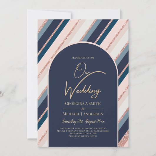 Maan Navy Blauwe Blush Roze Gouden Trouwring Kaart (Voorkant)