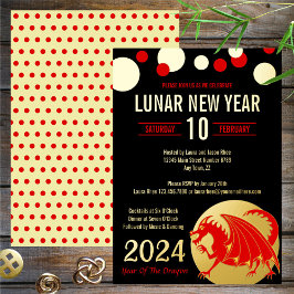 Maan Nieuwjaar 2024 Red Dragon Modern Zwart Goud Folie Uitnodiging