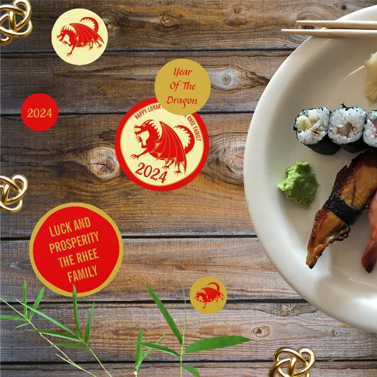 Maan Nieuwjaar 2024 Rode Draak Leuk Rode Gouden Pa Confetti